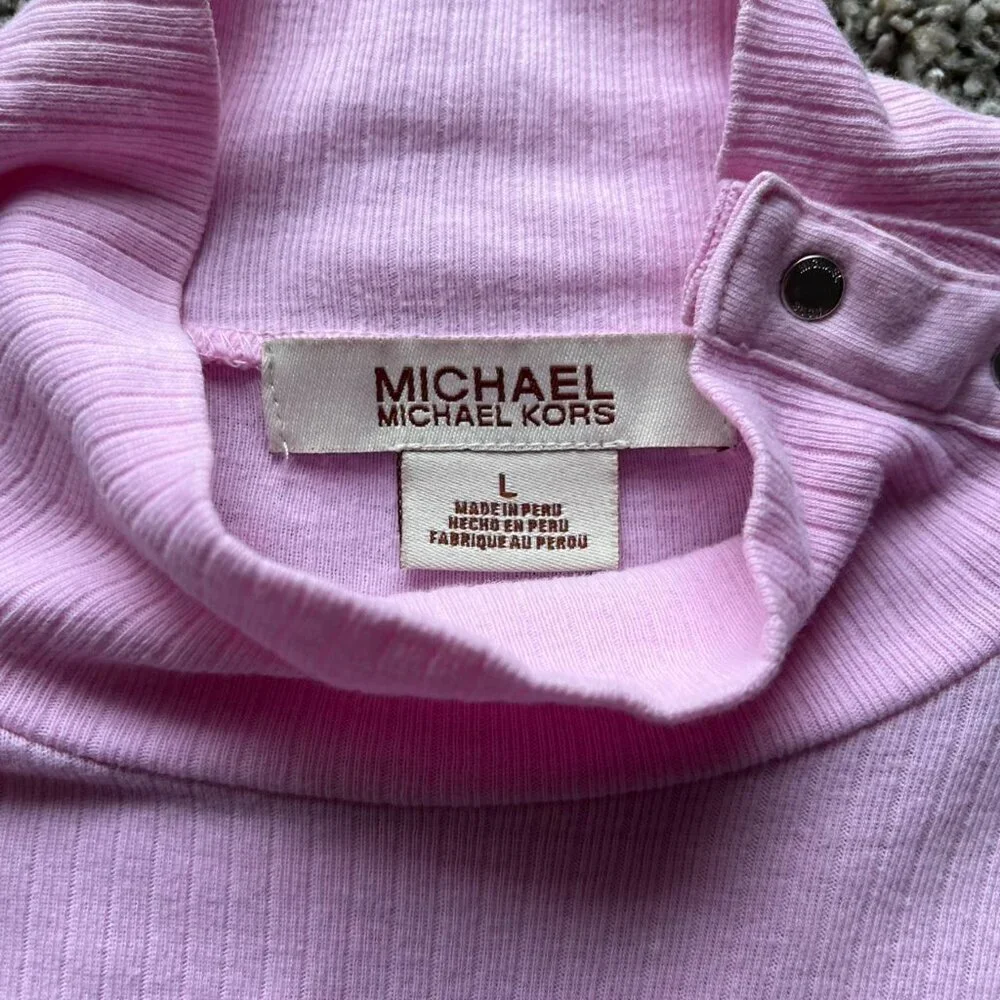 Michael Kors Pink Ribbed Button-Shoulder Long Sleeve Top